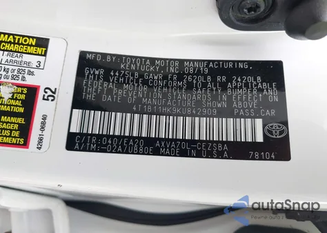 2019 Toyota Camry Se z USA, uszkodzony, nr VIN 4T1B11HK9KU842909